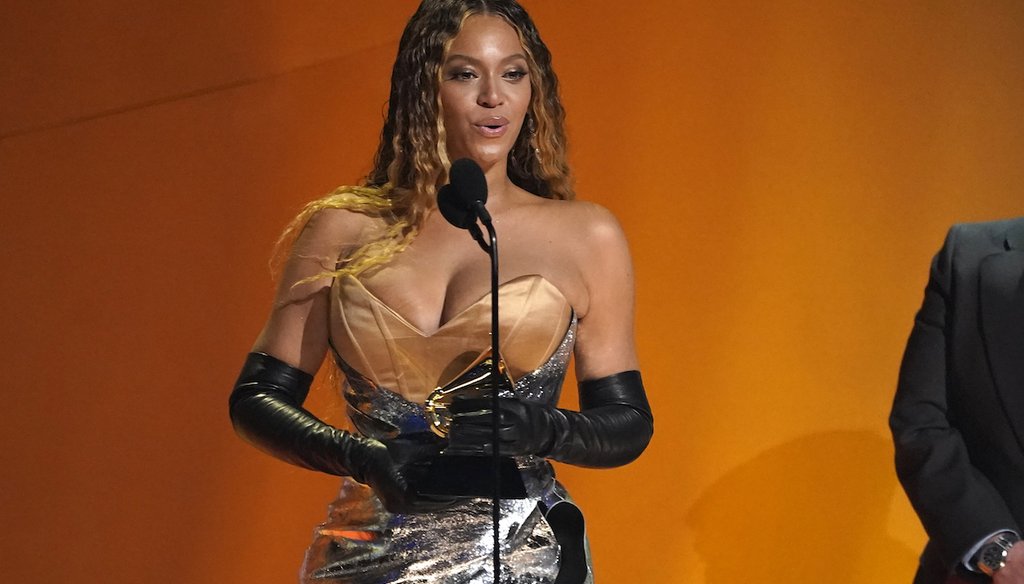 Beyoncé accepts the award for best dance/electronic music album for "Renaissance" Feb. 5, 2023, at the 65th annual Grammy Awards in Los Angeles. (AP)