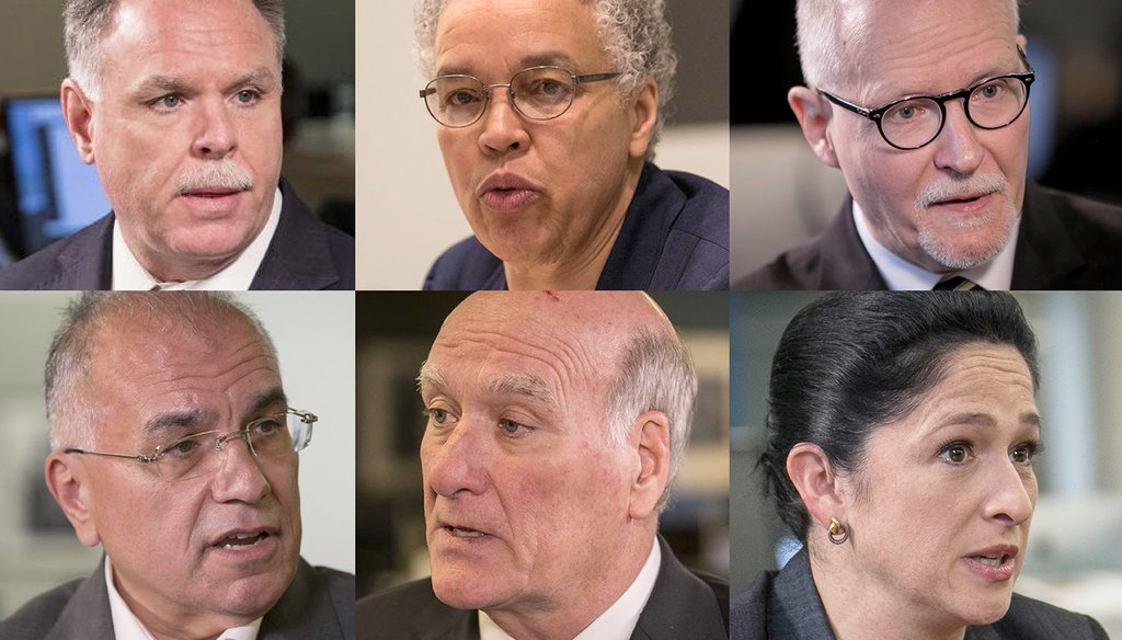 Six of the candidates in Chicago's crowded mayoral race. Clockwise from top left: Garry McCarthy, Toni Preckwinkle, Paul Vallas, Susana Mendoza, Bill Daley and Gery Chico. (Sun-Times)