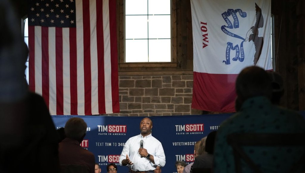 Republican presidential candidate Tim Scott of South Carolina speaks during a town hall meeting in Pella, Iowa, on June 14, 2023. (AP)